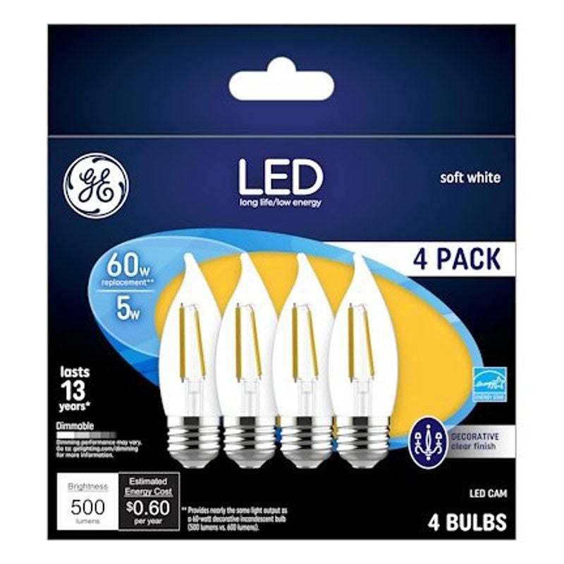 GE 93129342 Decorative LED Light Bulb, Bent Tip, CA11 Lamp, 60 W Equivalent, E26/24 Medium Lamp Base, Dimmable, Clear