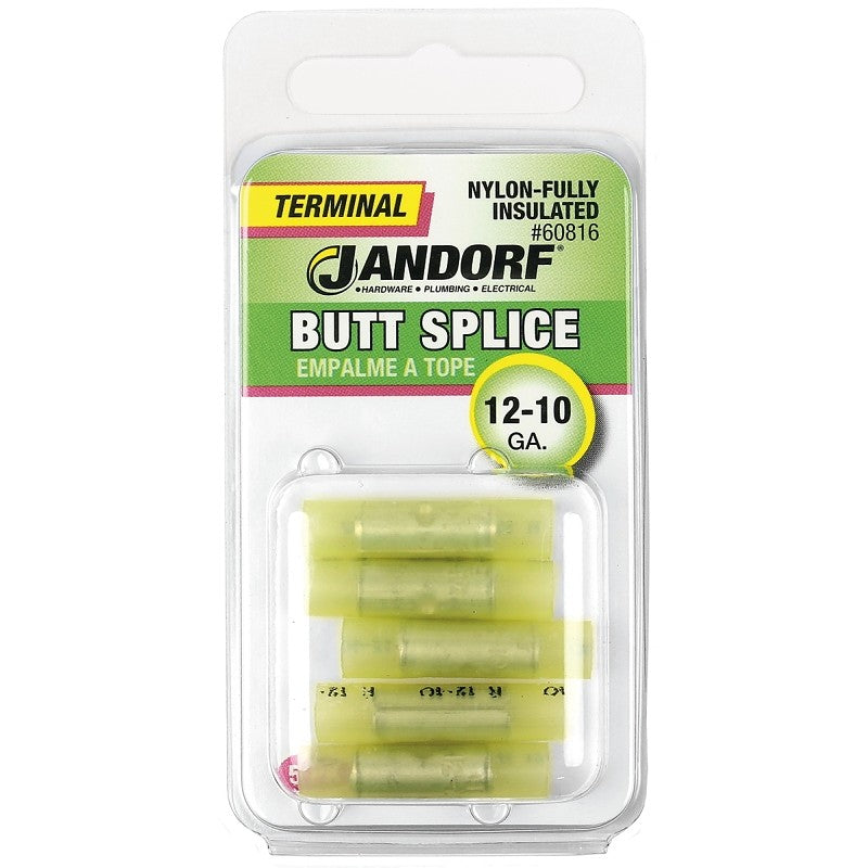 Jandorf 60816 Butt Splice Connector, 12 to 10 AWG Wire, Nylon Insulation, Copper Contact, Yellow