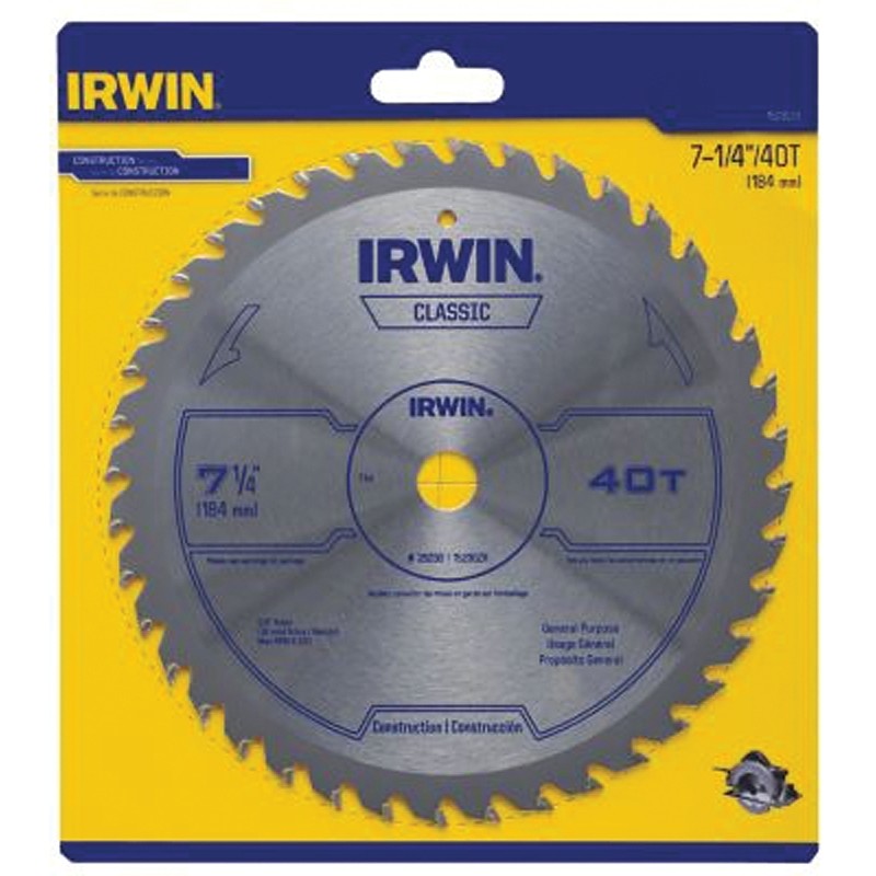Irwin 15230ZR Circular Saw Blade, 7-1/4 in Dia, 5/8 in Arbor, 40-Teeth, Carbide Cutting Edge, 8300 rpm