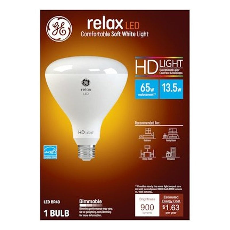 GE 49525 LED Light Bulb, BR40 Lamp, 85 W Equivalent, E26 Medium Lamp Base, Dimmable, White, Soft White Light