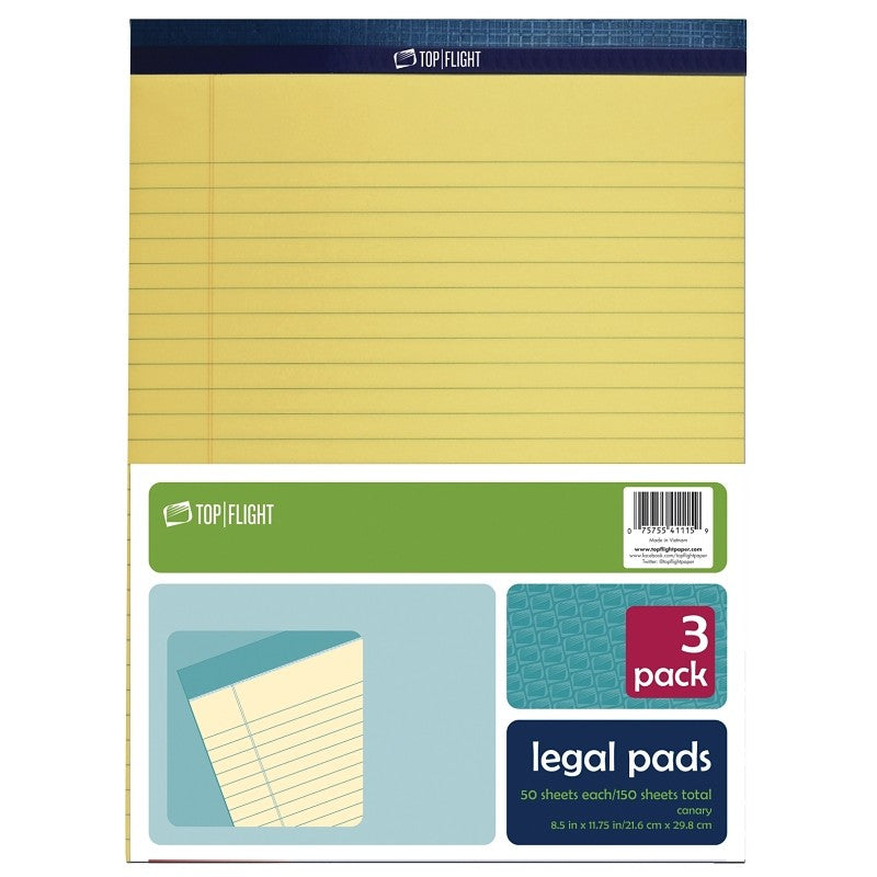 Top Flight N 11 Series 4513094 Legal Pad, 11-3/4 in L x 8-1/2 in W Sheet, 50-Sheet, Canary Yellow Sheet (Pack of 12)