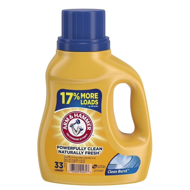 Arm & Hammer Clean Burst 97538 Laundry Detergent, 33 oz Bottle, Liquid, Characteristic (Pack of 8)