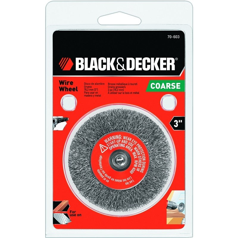 Black+Decker 70-603 Wire Wheel Brush, 3 in Dia, 10-32 in Arbor/Shank, Steel Bristle (Pack of 2)