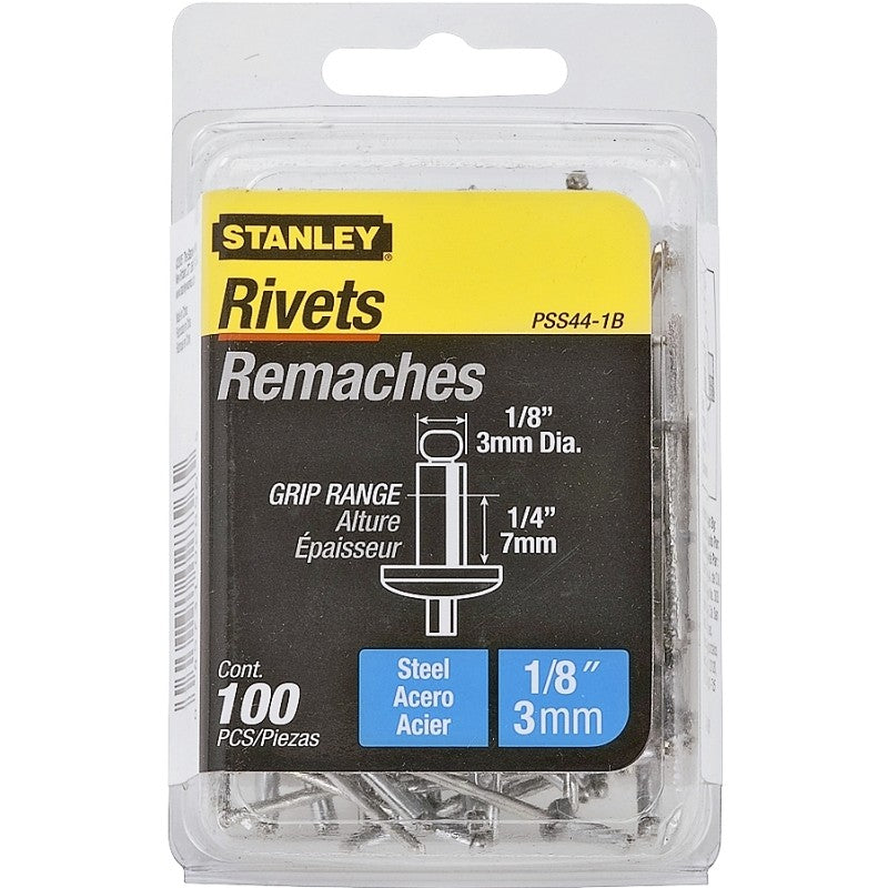 STANLEY PSS44-1B Pop Rivet, High-Strength, Reusable, 1/4 in Grip, 1/8, Galvanized Steel, 100/PK