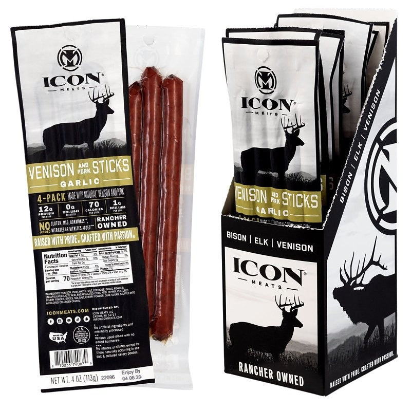 Icon Meats 74087 Venison Stick, Garlic, 4 oz Pack (Pack of 6)