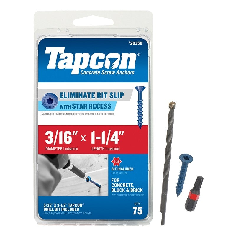 Tapcon 28350 Concrete Screw Anchor, T25 Screw, 3/16 in Dia, 1-1/4 in L, Steel, Climaseal, 75/PK