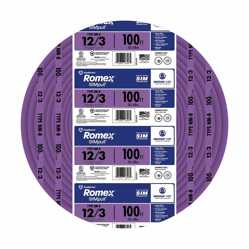 Romex 12/3NM-WGX100 Sheathed Cable, 12 AWG Wire, 3-Conductor, 100 ft L, Copper Conductor, PVC Insulation, Nylon Sheath