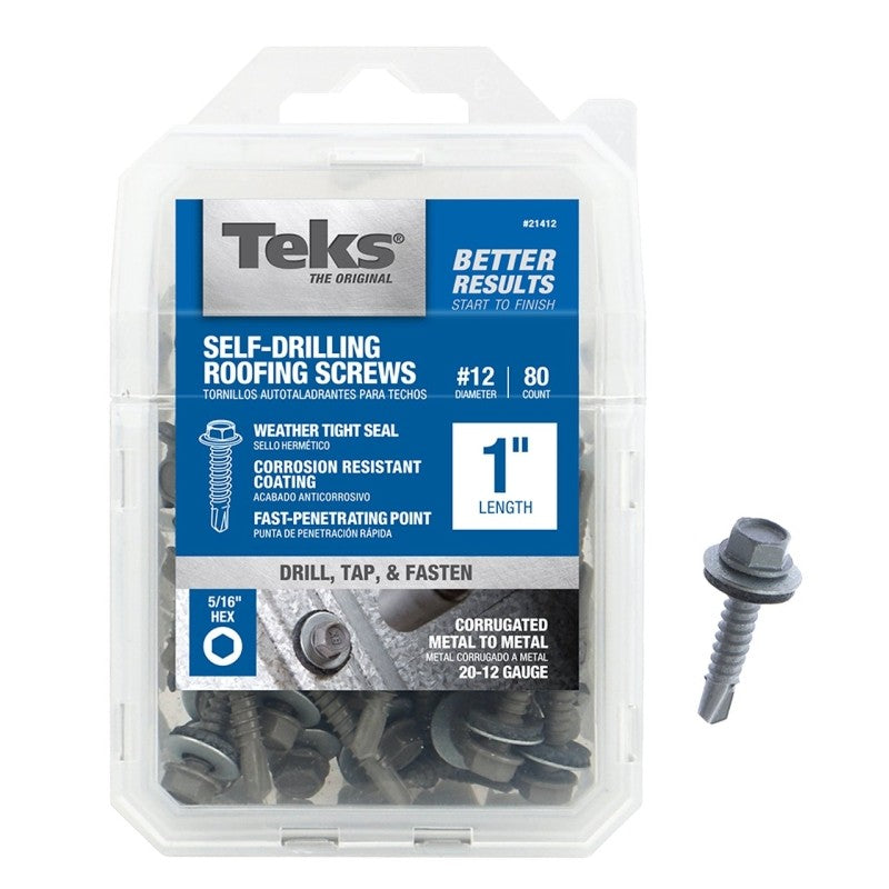 Teks 21412 Roofing Screw, #12 Thread, Coarse Thread, Hex Drive, Drill Point, Steel, Zinc