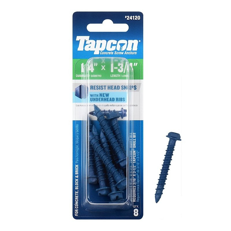 Tapcon 24120 Concrete Screw Anchor, 1/4 in Dia, 1-3/4 in L, Hex Head, Steel, Climaseal, 8/PK