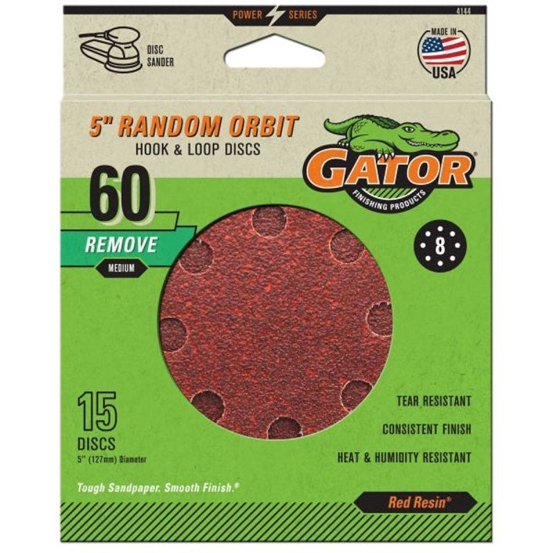 Gator 4144 Sanding Disc, 5 in Dia, Aluminum Oxide Abrasive, 60 Grit, Coarse, Vented