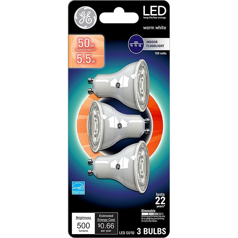 GE 93120813 Floodlight Bulb, Recessed, MR16 Lamp, 50 W Equivalent, GU10 Lamp Base, Dimmable, Clear, Clear Light