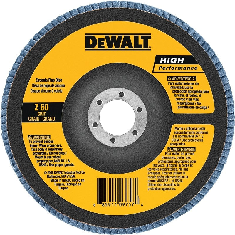 DEWALT DW8302 Flap Disc, 4 in Dia, 5/8 in Arbor, Coated, 60 Grit, Medium, Zirconium Oxide Abrasive, Fiberglass Backing