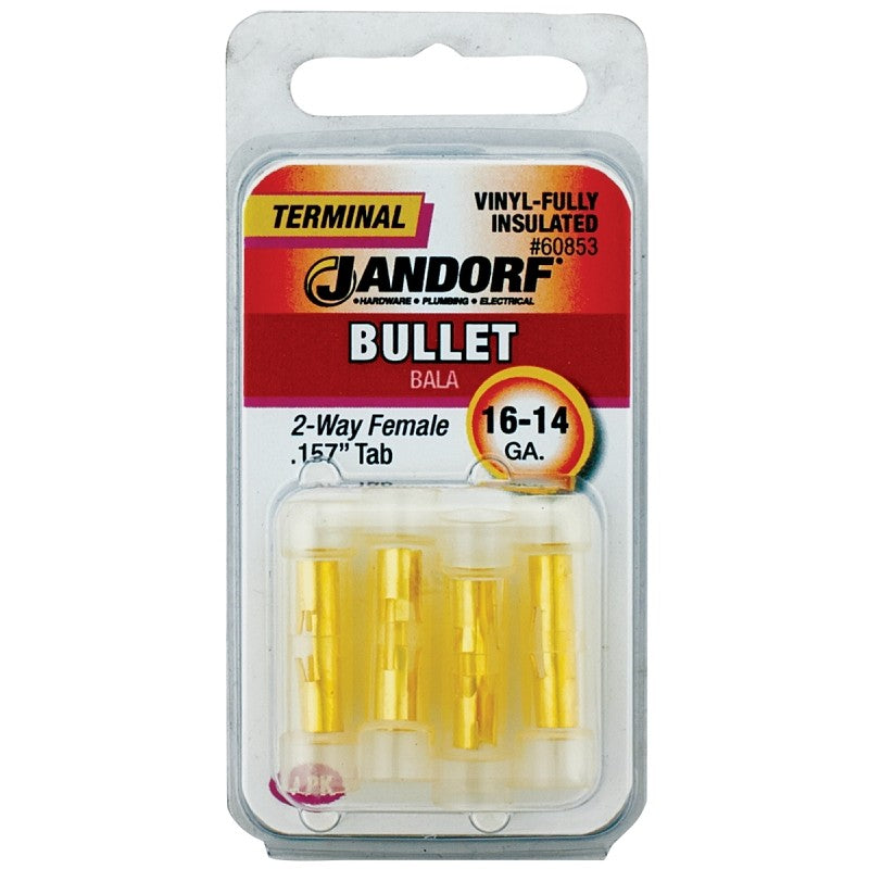 Jandorf 60853 Bullet Adapter, 600 V, 16 to 14 AWG Wire, Vinyl Insulation, Copper Contact, Yellow