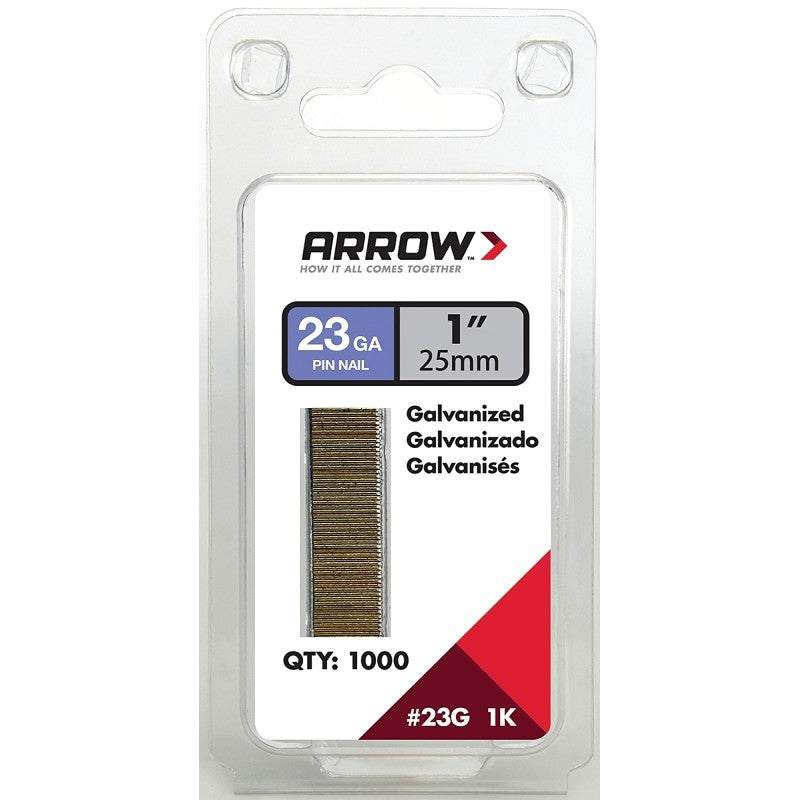 Arrow 23G25-1K Pin Nail, 1 in L, 23 Gauge, Galvanized Steel, Round Shank