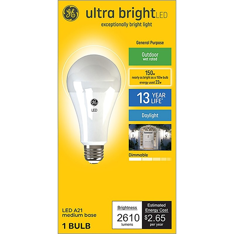 GE Ultra Bright 93129363 Light Bulb, A21 Lamp, 150 W Equivalent, Medium (E26) Lamp Base, Dimmable, Daylight