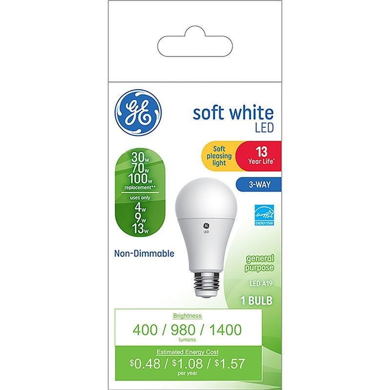 GE 93126861 Light Bulb, 3-Way, A19 Lamp, 30, 70, 100 W Equivalent, Medium Lamp Base, Non-Dimmable, White
