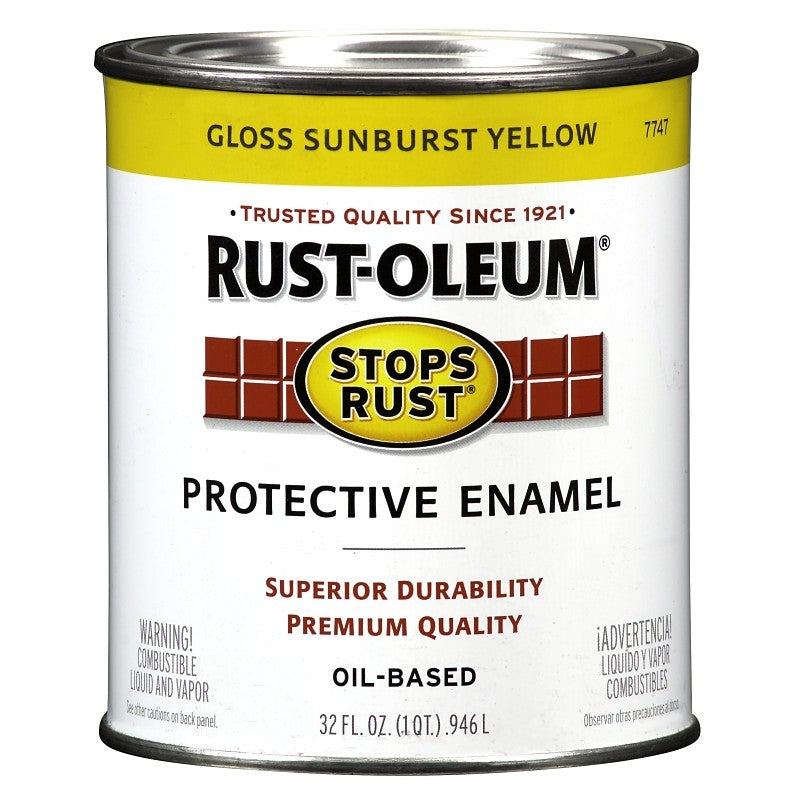 Rust-Oleum Stops Rust 7747502 Enamel Paint, Oil, Gloss, Sunburst Yellow, 1 qt, Can, 50 to 90 sq-ft/qt Coverage Area