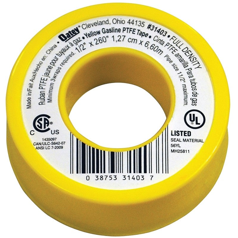 Oatey 31403 Thread Seal Tape, 260 in L, 1/2 in W, PTFE, Yellow