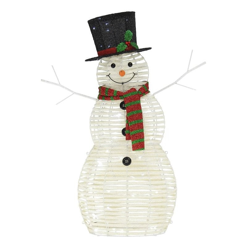 Puleo Asia Limited 315-YD4421L Rattan Snowman Yard Decor, 28-1/2 in L, 10-1/4 in W, Fabric/Metal/Plastic, White, LED