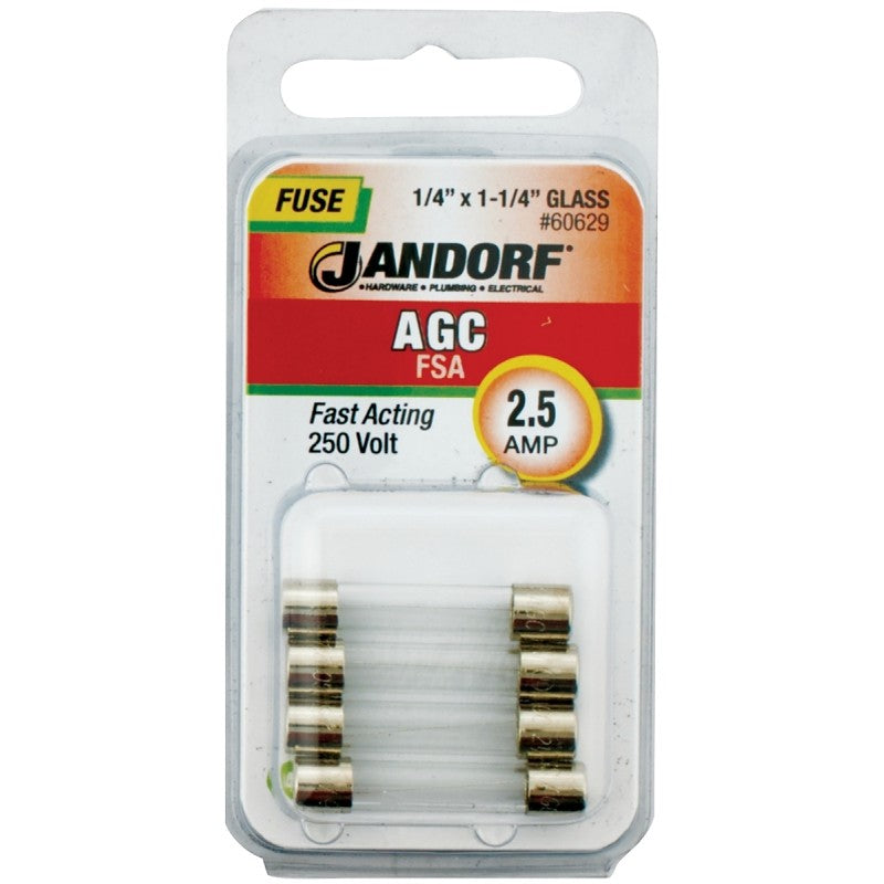 Jandorf 60629 Series Fast Acting Fuse, 0.05 Ohm, 2.5 A, 250 V, 100 A, 10 kA Interrupt, Glass Body