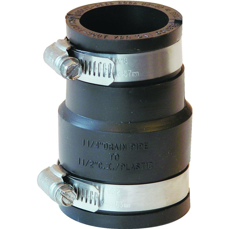 Fernco P1056-150/125 Flexible Coupling, 1-1/2 x 1-1/4 in, PVC, Black, 4.3 psi Pressure