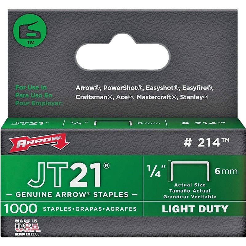 Arrow JT21 Series 214 Staple, 1/4 in W Crown, 1/4 in L Leg, 0.03 ga (Pack of 5)