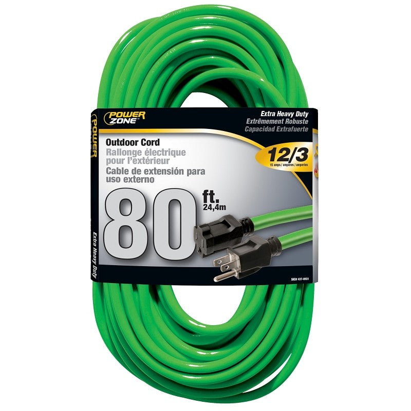 PowerZone ORN512833 Extension Cord, 12 AWG Cable, 80 ft L, 15 A, 125 V, Neon Green