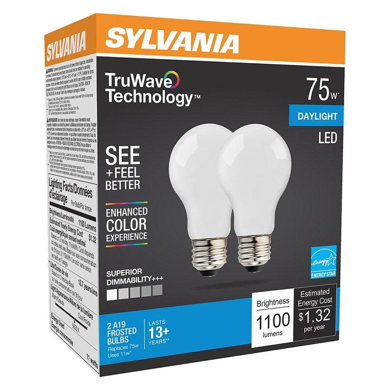 Sylvania TruWave Series 40751 LED Bulb A19 Lamp, 1100 Lumens, 11 W, A19 Lamp, E26 Medium Lamp Base, Dimmable, Frosted