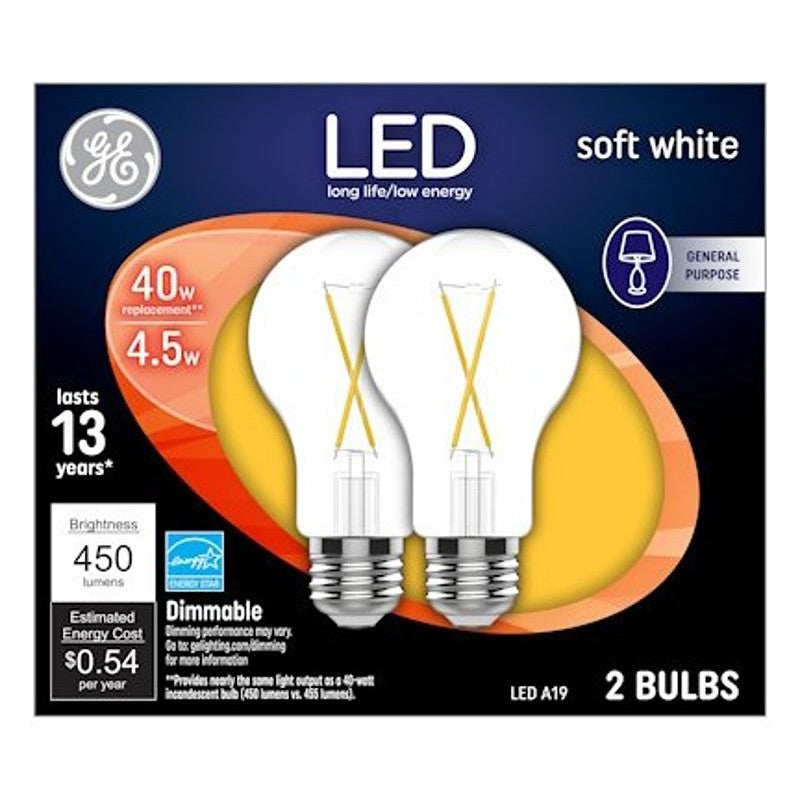 GE 37669 LED Bulb, General Purpose, A19 Lamp, 40 W Equivalent, E26 Lamp Base, Dimmable, Soft White Light