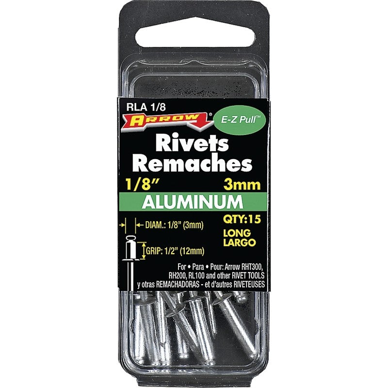 Arrow RLA1/8 Pop Rivet, Long, 1/2 in Grip, 1/2 in L, Aluminum, 15/PK
