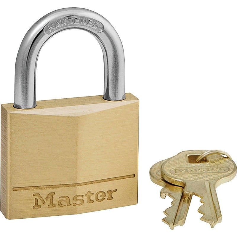 Master Lock 140D Padlock, 1-9/16 in W Body, Keyed Different Key, 1/4 in Dia Shackle, Steel Shackle, Brass Body, Gold