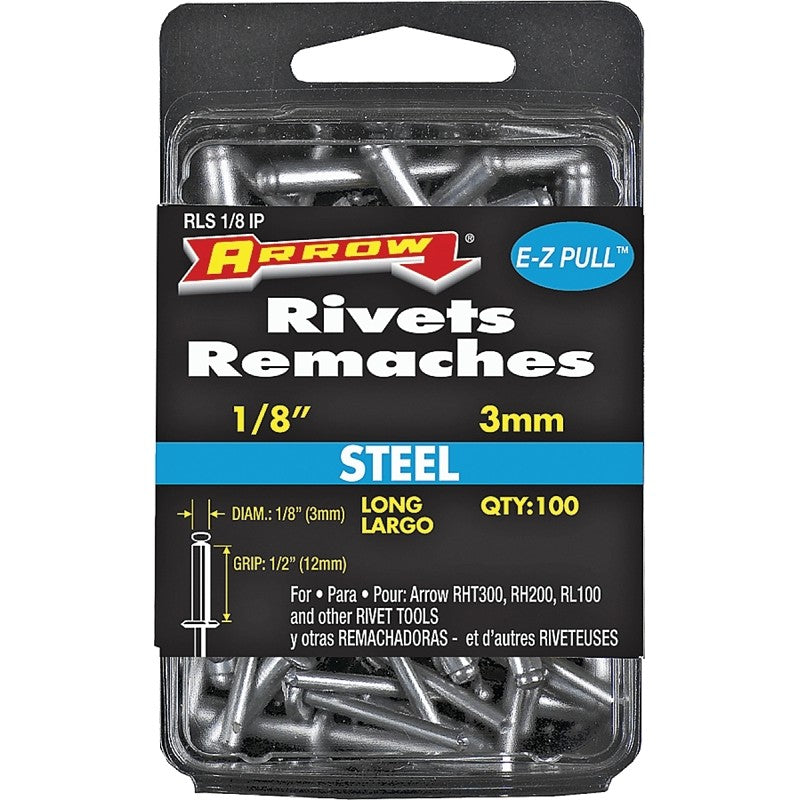 Arrow RLS1/8IP Pop Rivet, Long, 1/2 in Grip, 1/2 in L, Steel, 100/PK