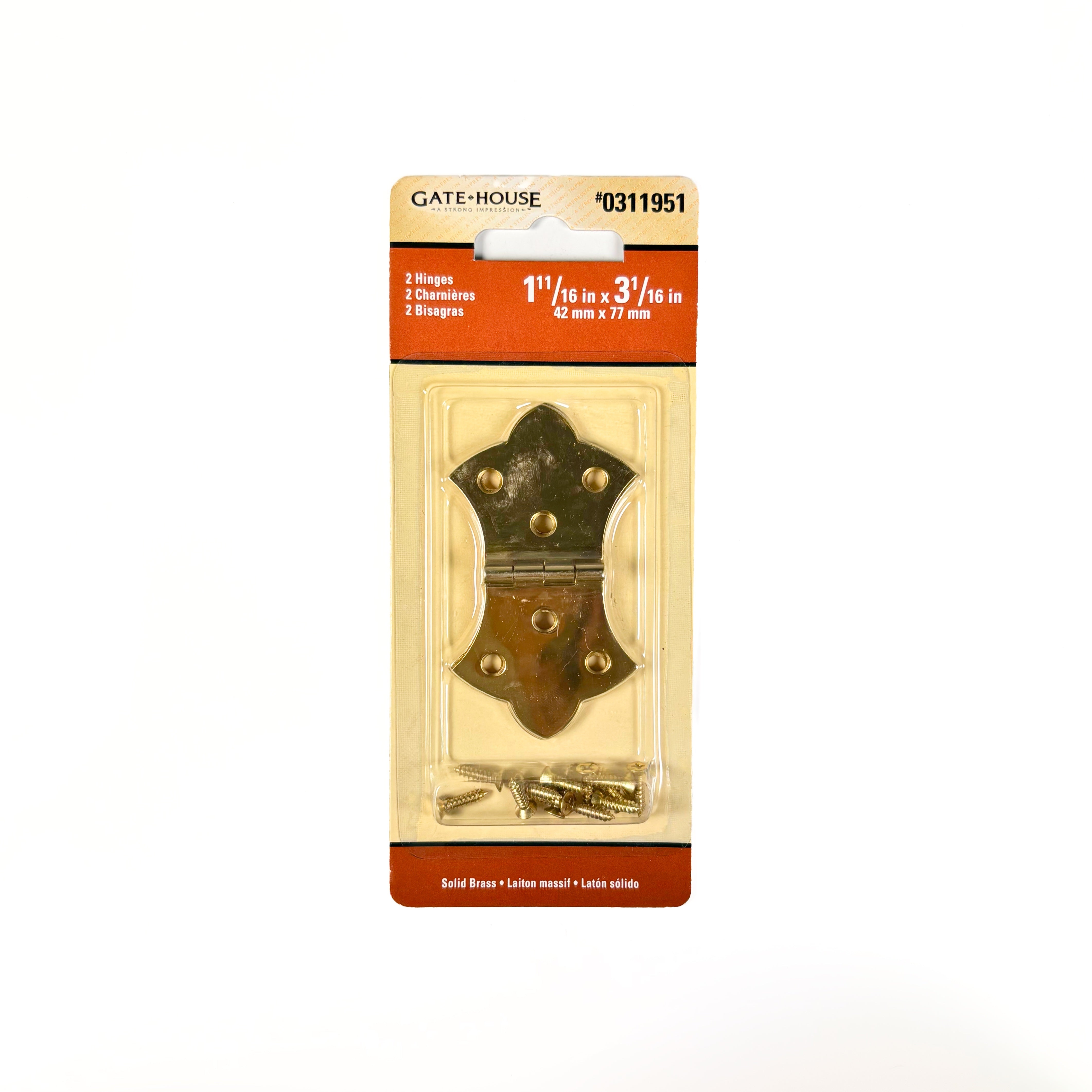Decorative Cabinet Hinges 1-11/16 By 3-1/16 Inch Bright Solid Brass 2 Pack