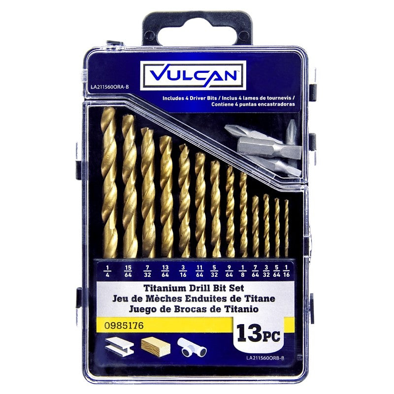 Vulcan 211560OR Carded Drill Bit Set, 13-Piece, High Speed Steel/Titanium Nitride, Bright Yellow