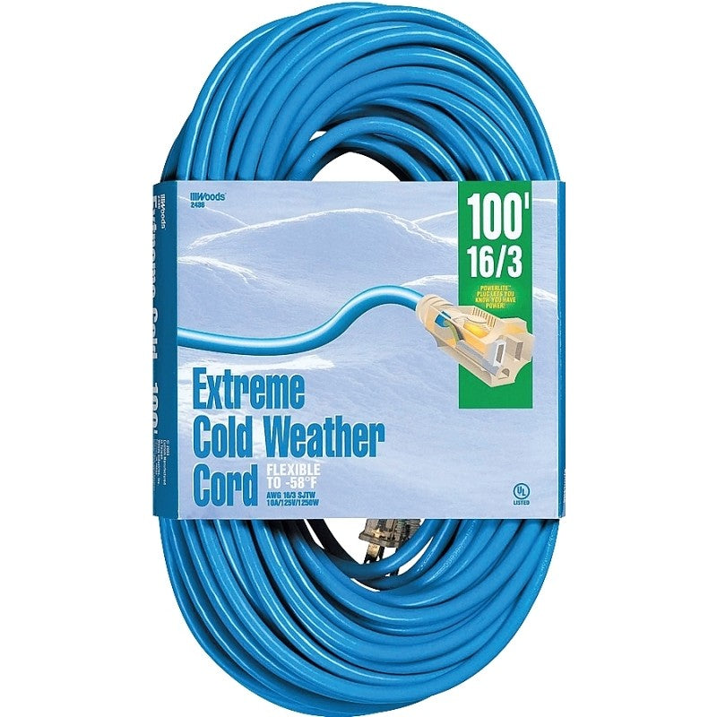 Woods 2436 Extension Cord, 16 AWG Cable, 100 ft L, 10 A, 125 V, Bright Blue