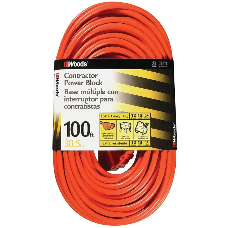 CCI 0820 Extension Cord, 12 AWG Cable, 100 ft L, 15 A, 125 V, Orange