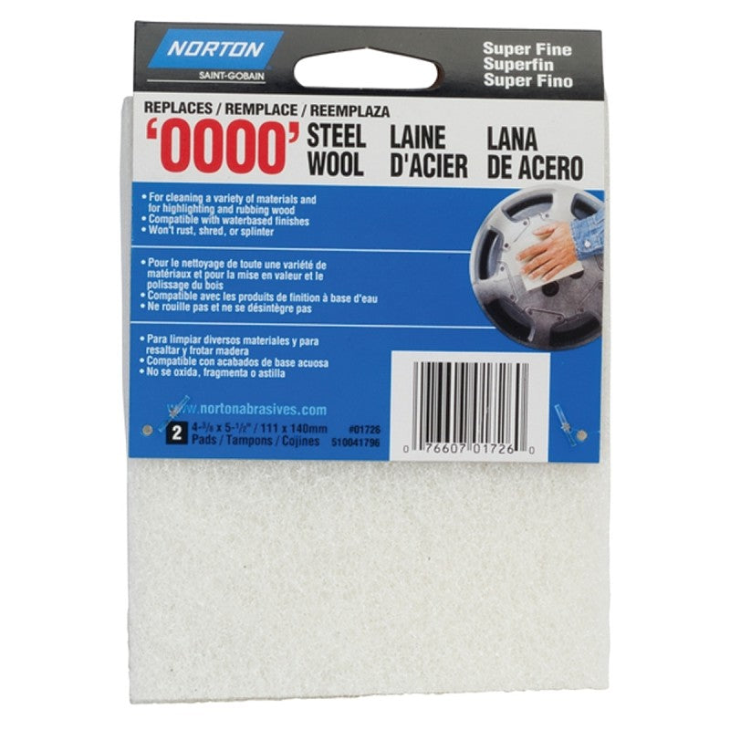 Norton 01726 Steel Wool, 4-3/8 in L, 5-1/2 in W, #0000 Grit, Super Fine, White