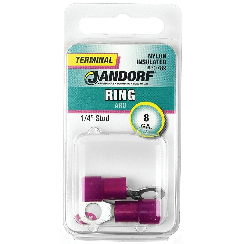 Jandorf 60789 Ring Terminal, 8 AWG Wire, 1/4 in Stud, Nylon Insulation, Copper Contact, Red