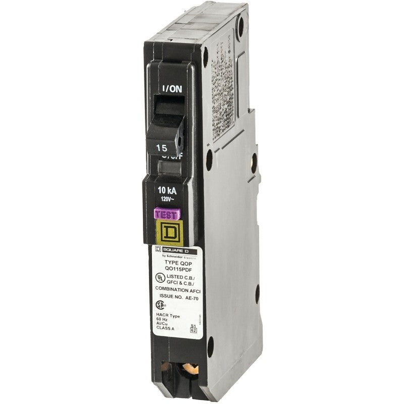 Square D QO115PDFC Circuit Breaker, CAFCI, Mini, 15 A, 1-Pole, 120 V, Plug