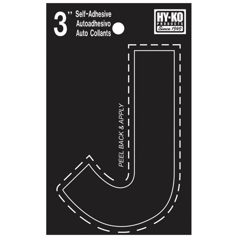 Hy-Ko 30400 Series 30420 Die-Cut Letter, Character: J, 3 in H Character, Black Character, Vinyl (Pack of 10)