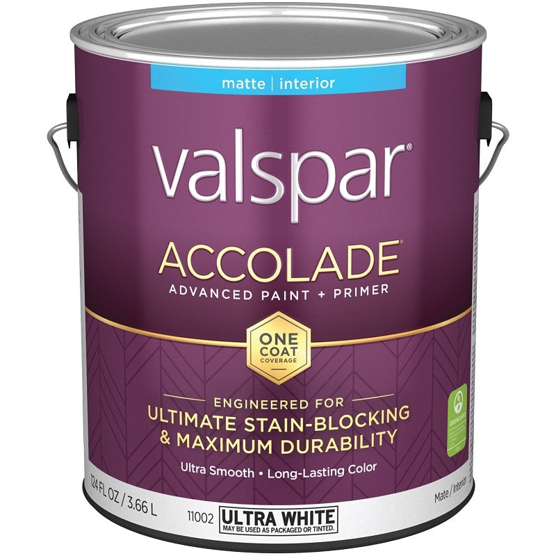 Valspar Accolade 1100 028.0011002.007 Latex Paint, Acrylic Base, Matte, Ultra White, 1 gal, Plastic Can (Pack of 4)