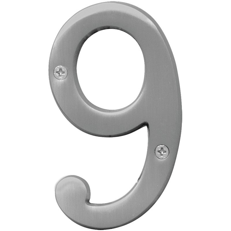 Hy-Ko Prestige Series BR-43SN/9 House Number, Character: 9, 4 in H Character, Nickel Character, Solid Brass (Pack of 3)