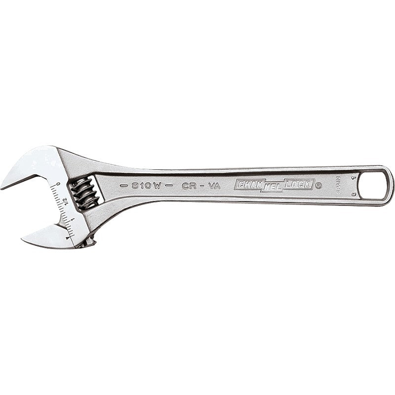 Channellock WIDEAZZ Series 808W Adjustable Wrench, 8 in OAL, 1.18 in Jaw, Steel, Chrome, I-Beam Handle