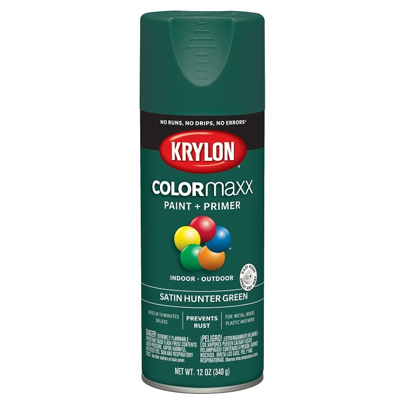 Krylon K05563007 Enamel Spray Paint, 12 oz Can, 25 sq-ft Coverage Area, Acrylic Base, Satin, Hunter Green