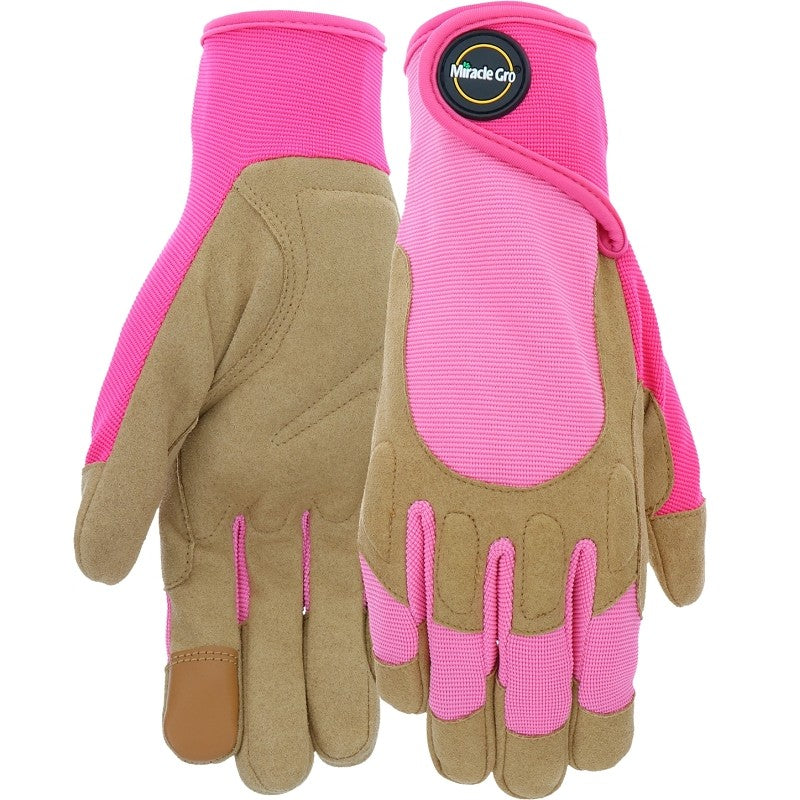 Miracle-Gro MG86208/WML Gloves, Women's, M/L, 4 in L, Reinforced Thumb, Hook and Loop Cuff, Synthetic Leather, Pink