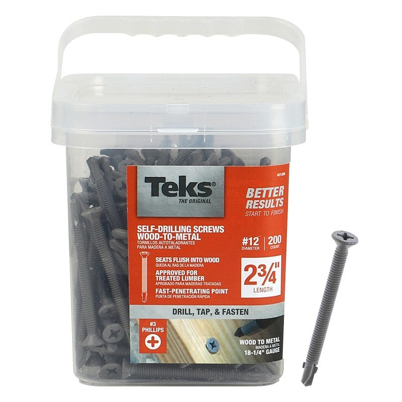 Teks 21386 Roofing Screw, #12 Thread, Fine Thread, Hex, Phillips Drive, Drill, Self-Tapping Point, Steel, Zinc