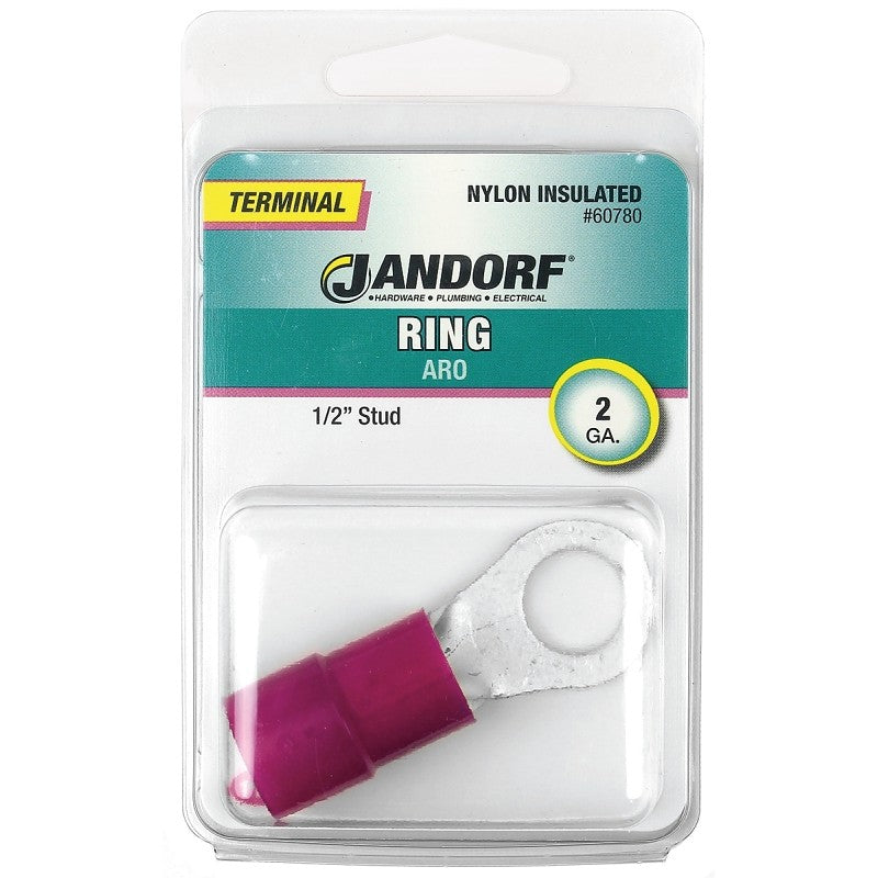 Jandorf 60780 Ring Terminal, 2 AWG Wire, 1/2 in Stud, Nylon Insulation, Copper Contact, Red