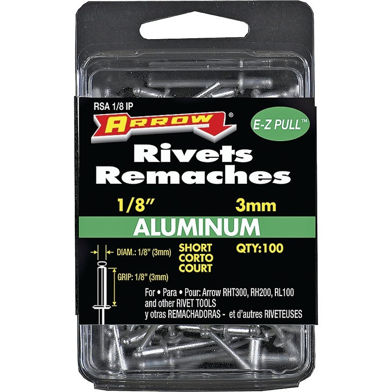 Arrow RSA1/8IP Pop Rivet, Short, 1/8 in Grip, 1/8 in L, Aluminum, Silver, 100/PK