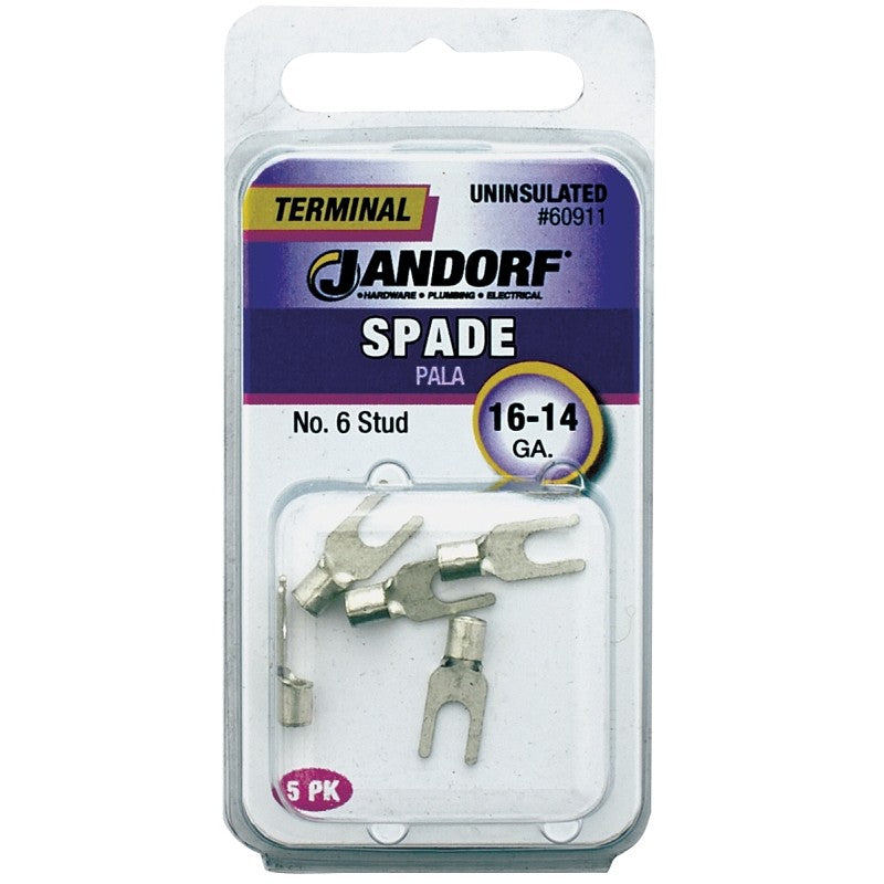 Jandorf 60911 Spade Terminal, 600 V, 16 to 14 AWG Wire, #6 Stud, Copper Contact, 5/PK
