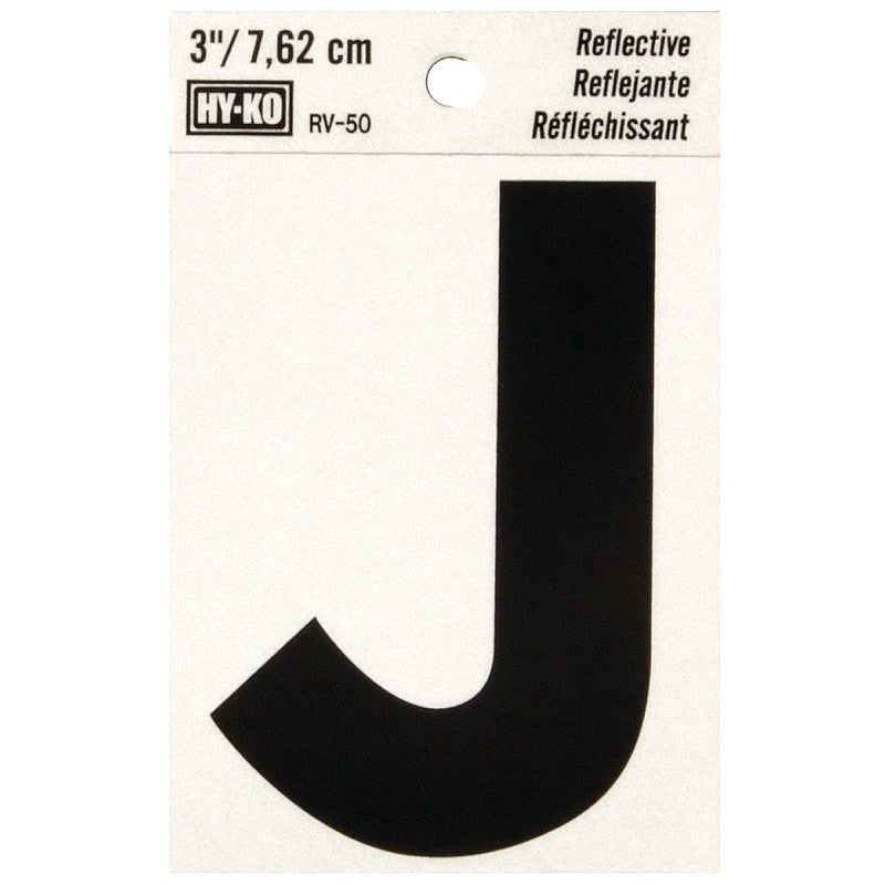 Hy-Ko RV-50/J Reflective Letter, 2-1/2 in W x 4 in H Dimensions, Character: J, 3 in H Character, Black Character, Vinyl (Pack of 10)
